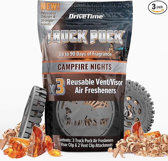 Drive Time Truck Puck Campfire Night Fragrancee Car Air Freshener – Long-Lasting Car Deodorizer, Refillable Vent & Visor Clip Auto Air Freshener for Car, Truck & SUV, Premium Fragrance, Pack of 3