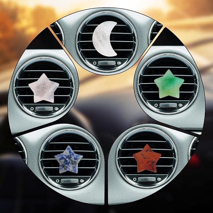 Boho Car Decor, 5pcs Stars Moon Air Vent Clips, Natural Stone Crystals Air Vent Clips, Refillable Car Fresheners,Hippie Decorations Accessories for Women, Best Wishes for Lover and Friend
