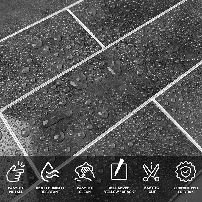 24-Pieces Peel and Stick Tiles for Kitchen Backsplash, New Upgrade Design 12" x 3"SPC Subway Backsplash Tiles, Marble Black Premium Finger Tiles (Dark Grey).
