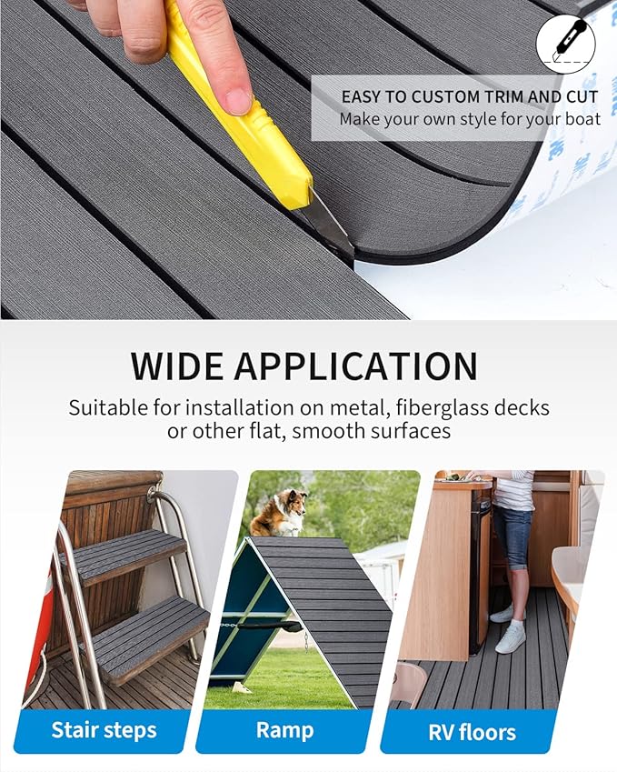OCEANBROAD EVA Foam Boat Flooring with 3M Adhesive Backing Marine Self-Adhesive Decking 96''x45.6''/36''/28.8''/16.8'', 48''x16.8'' Faux Teak Sheet for Jon Boats Swim Platform Helm Pad RV Floor