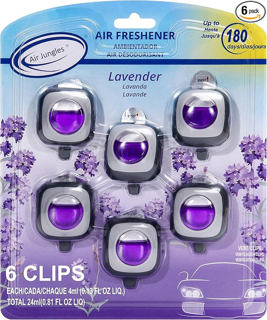 Air Jungles Lavender Scent Car Air Freshener Vent Clip, 6 Count Long Lasting Up to 180 days, Natural Essential Oil Car Fragrance for Women and Men, Odor Eliminator - 4ml Each