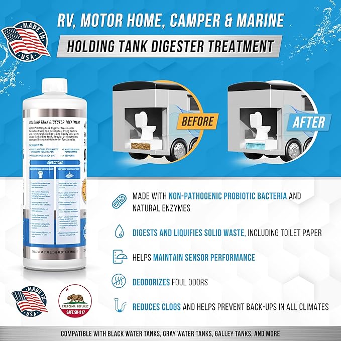 RV Black Tank Treatment Toilet Chemicals - 16 Treatments Waste Digester for Holding Tank, Gray Water Tank in RVs, Campers & Boat - Camper Toilet Sensor Cleaner, Sewer Deodorizer, 32oz - Made in USA