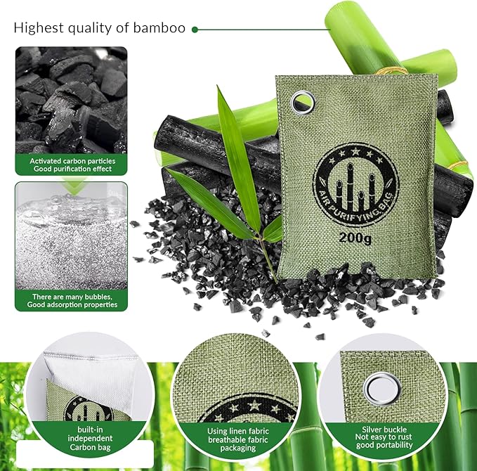 2 Bags Natural Air Purifying Bag | Bamboo Charcoal Odor Absorber for Home & Car | Closet Odor Eliminator, Small Room Deodorizer & Car Air Freshener | Charcoal Bags (200g light green, Unscented)