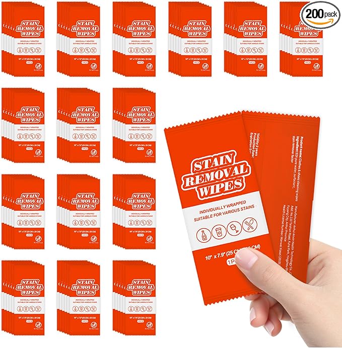 Stain Remover Wet Wipes Bulk, Individual Wrapped Stain Remover for Clothes Portable Travel Messy Eater Stain Removal Wipes Pocket Size for Clothing Fabric, Shoes, Wine, Fast Food (10 x 7.9 inch) (200)