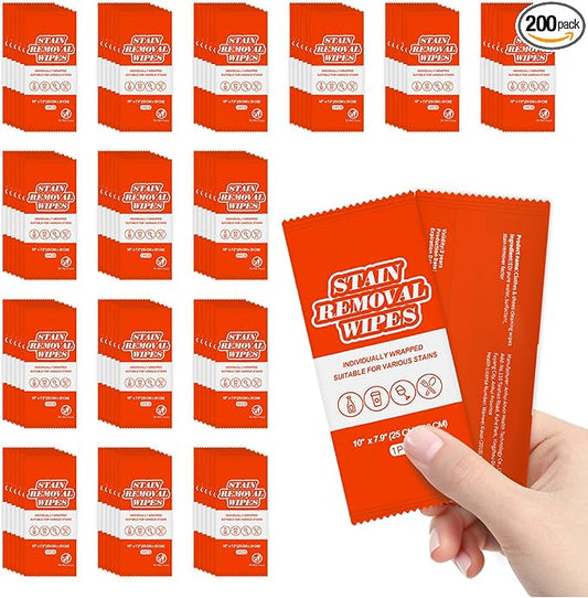 Stain Remover Wet Wipes Bulk, Individual Wrapped Stain Remover for Clothes Portable Travel Messy Eater Stain Removal Wipes Pocket Size for Clothing Fabric, Shoes, Wine, Fast Food (10 x 7.9 inch) (200)