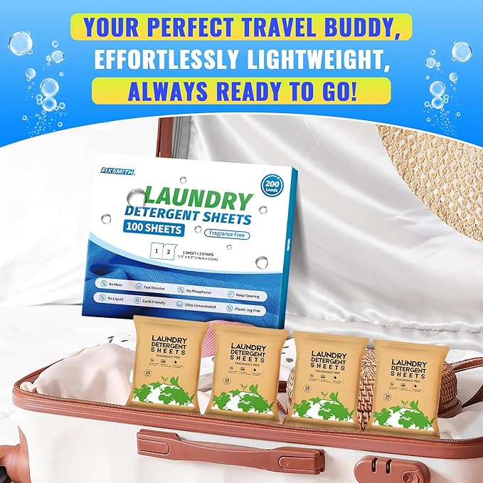 FIXSMITH Laundry Detergent Sheets - 200 Loads (100 Sheets) Fragrance Free - Hypoallergenic,Unscented,Eco Friendly Laundry Detergent Strips Concentrated Travel Detergent Sheets.Plastic-Free,Liquidless