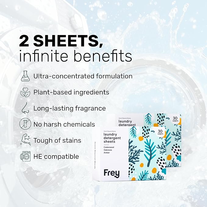 FREY Laundry Detergent Sheets – Cedar Grove Scent | Plant-Derived | 60 Sheets (Pack of 2)