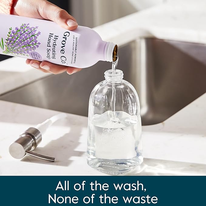 Grove Co. Hydrating Gel Hand Soap Refills (2 x 13 Fl Oz) + 1 x Reusable Glass Soap Dispenser, Plastic-Free & Liquid Refillable Starter Kit, Natural Lavender Blossom & Thyme Fragrance