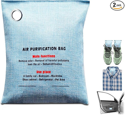 2 Bags Natural Air Purifying Bag | Bamboo Charcoal Odor Absorber for Home & Car | Closet Odor Eliminator, Small Room Deodorizer & Car Air Freshener | Charcoal Bags (200g light blue, Unscented)