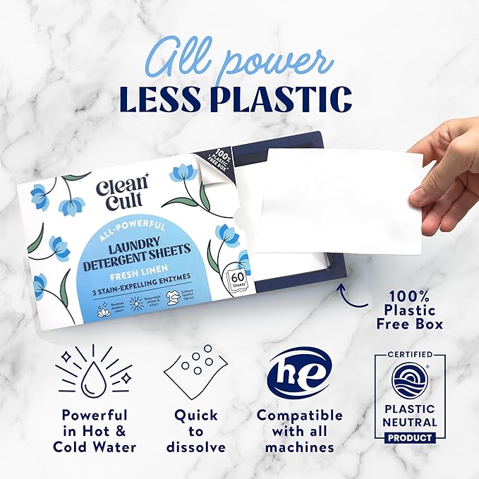Cleancult Laundry Detergent Sheets - Resealable Box - 3 Stain Fighting Enzymes - Fresh Linen - 60 Loads - Free of Harsh Chemicals - No Mess - No Plastic Waste (Pack of 2)
