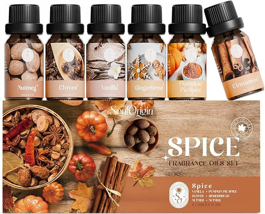 Autumn Spice Essential Oils Set – Cozy Fall Fragrance Oils for Diffuser & Candle Making – Cinnamon, Vanilla, Pumpkin Pie, Nutmeg, Clove, Gingerbread – Warm Home Aroma & Gift Set