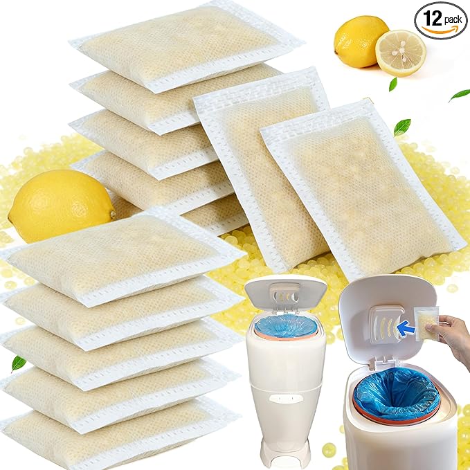 NewKe 12 Pack Diaper Pail Deodorizer for Diaper Genie Complete Pail and Expressions Pail, Activated Charcoal Filters Replacement, Lemon Scent Activated Carbon Odor Eliminator Refill