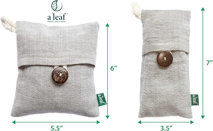 Bamboo charcoal air purifying bag, Naturally Dyed and Canada-Made odor absorber, a scent free, chemical free activated bamboo charcoal smell eliminator 3 large and 4 small light grey color bags