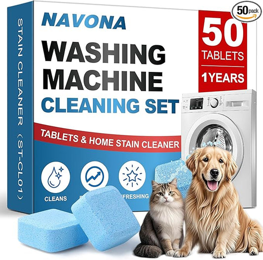 Navona 50 Pack Washing Machine Cleaner Tablets, Deep Cleaning Descaler for Front & Top Load HE Washers, Residue, Grime, and Odors Remover, Pet Owner Friendly