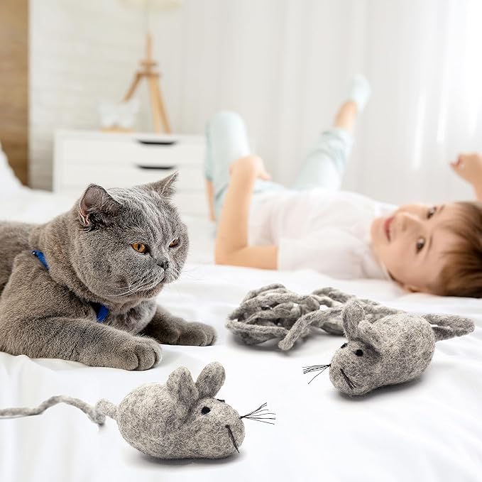 Glaciart One Felt Mouse Cat Toy – Soft Fuzzy Enrichment 100% Natural Wool - Interactive Catnip Play Cat Toy Set - Safe for Pets, Non-AZO Colored Dyes - 100” Long