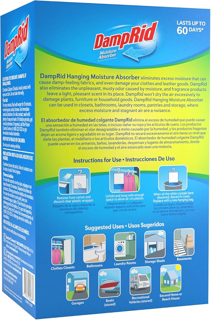 DampRid Hanging Bag, Moisture Absorber, Pack of 3 (16 oz. ea.), 3 Pack, Blue