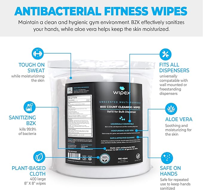 Wipex Gym & Fitness Wipes, 800 ct with BZK Antiseptic Refill Roll for Dispensers 2 Packs (1600 Wipes)