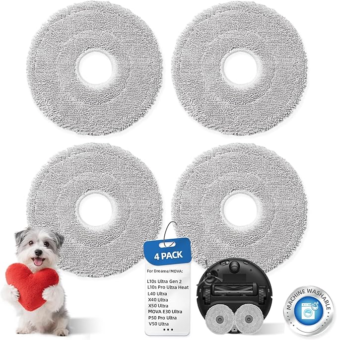 4 Pcs Mop Pads for Mova P10 Pro Ultra/Dreame L40 Ultra/ L10s Ultra Gen 2/ X40 Ultra/X50 Ultra/ E30 Ultra/ P50 Pro Ultra Robot Vacuum, Washable Reusable Replacement Wet Microfiber Mop Floor Cleaning