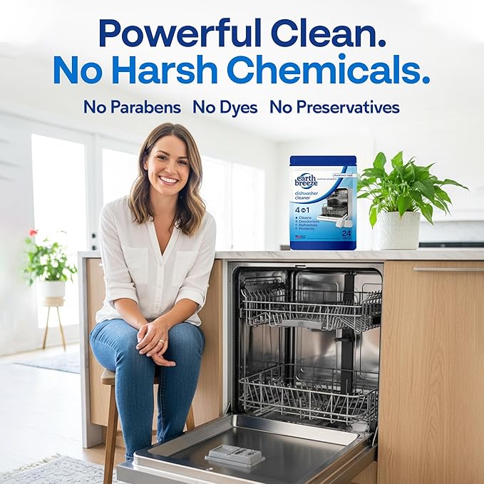 Earth Breeze Dishwasher Cleaner Tablets – 4-in-1 Cleans, Deodorizes, Refreshes & Protects – Removes Odor, Buildup & Residue – Fragrance Free, No Harsh Chemicals, Safe for All Dishwashers - Made in USA