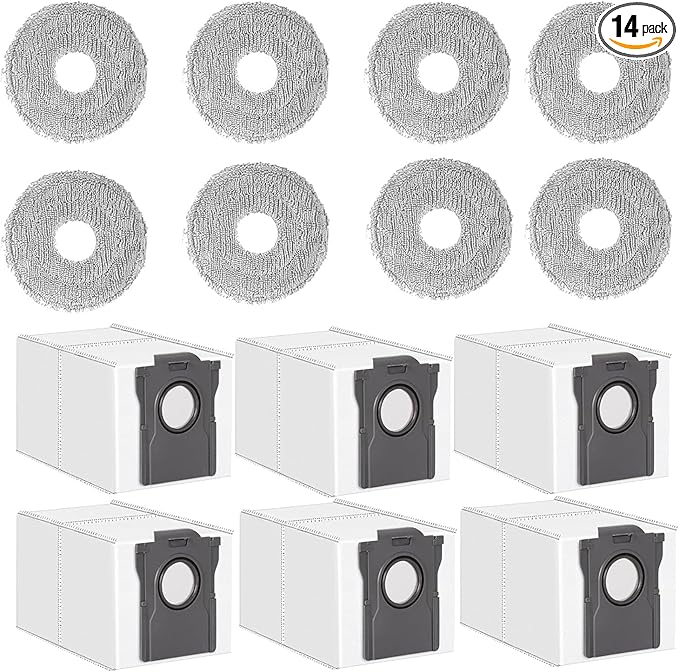 Dust Bags and Mop Pads Replacement for Dreame X50 Ultra / L50 Ultra / L40s Pro Ultra / X40 Ultra/Mova V50 Ultra: 14 Pack used for Pet Hair, Dirt, and Debris on All Floor Surfaces