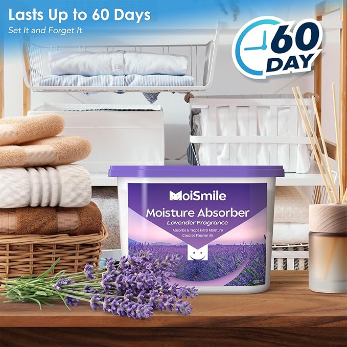 Moisture Absorbers 6 Packs, 10.8 Oz Lavender Vanilla Efficient Humidity Absorber ＆ Odor Eliminator Boxes, Refillable Car Dehumidifier for Closet, Bathroom, Basement＆ RV