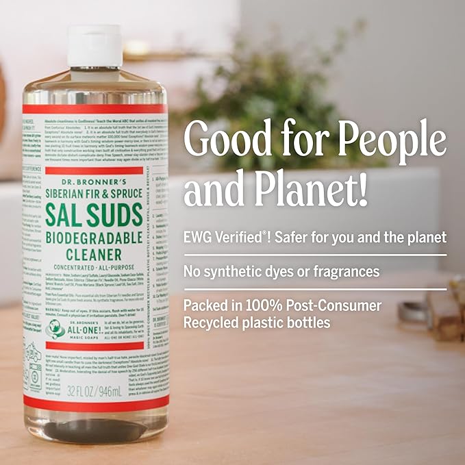 Dr. Bronner’s Pure-Castile Magic Soap Variety Pack & Sal Suds Biodegradable Cleaner Liquid Body Soap, All-Purpose Cleaner, Vegan, Cruelty-Free, Non-GMO, Peppermint Pure-Castile Liquid 32 oz & Sal Suds
