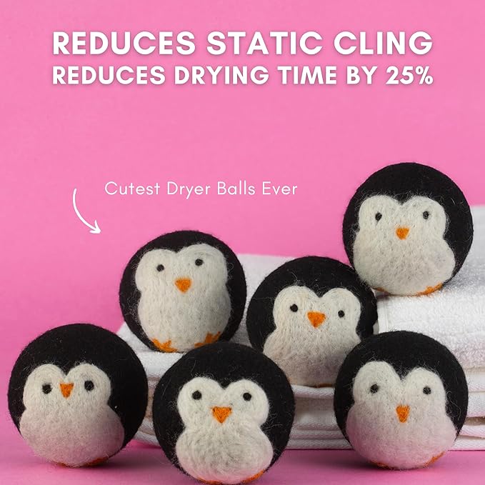6-Pack XL Organic Wool Dryer Balls - 100% New Zealand Wool, Reuse for 1000 Loads, Fair Trade, Handmade in Nepal, Dryer Balls Laundry Reusable, Penguins Dryer Ball Set, Mesh Laundry Bag