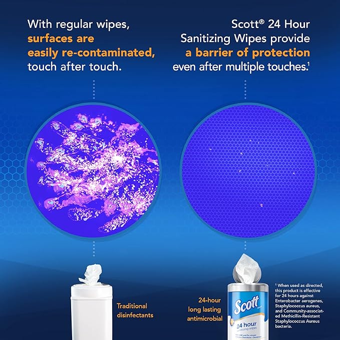 Scott 24 Hour Sanitizing Wipes – Multi-Surface Cleaning & Disinfecting, Continuous Sanitization for 24 Hours – (54478), 2 Canisters x 75 Count, 150 Wipes