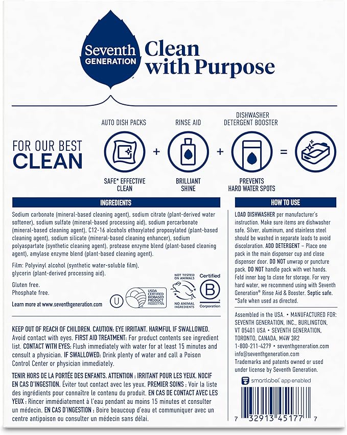 Seventh Generation Dishwasher Detergent Packs, Blasts Away Stuck-On Food, Free & Clear, 20 Packs