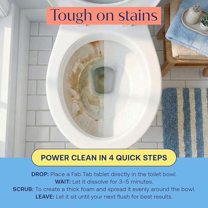 Fab Tab Toilet Bowl Cleaner Tablets, Powerful Stain Removal, No Harsh Chemicals, Plastic-Free, Removes Rust & Stains, Safe for Regular and Septic Tank Toilets, Lemon & Eucalyptus Scent