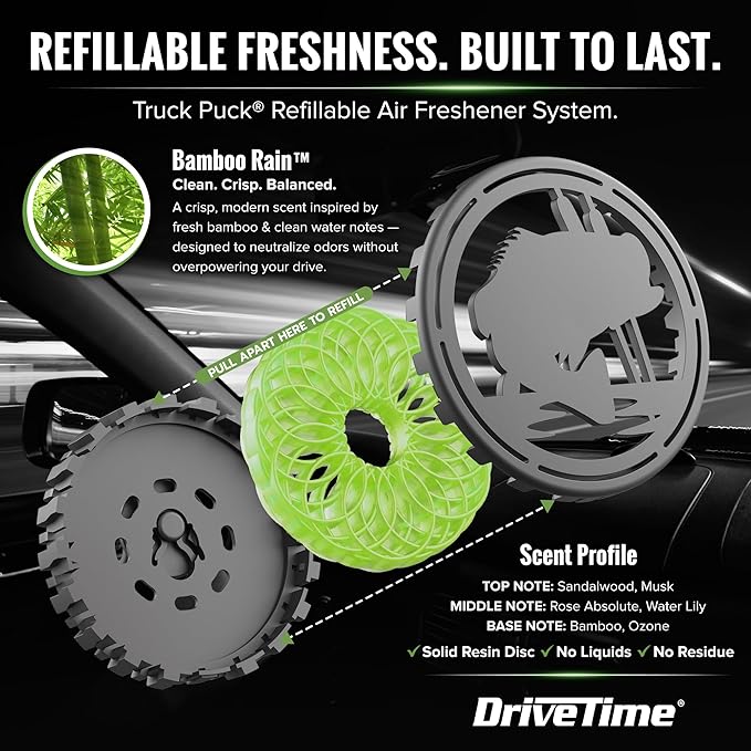Drive Time Truck Puck Bamboo Rain Fragrancee Car Air Freshener – Long-Lasting Car Deodorizer, Refillable Vent & Visor Clip Auto Air Freshener for Car, Truck & SUV, Premium Fragrance, Pack of 3