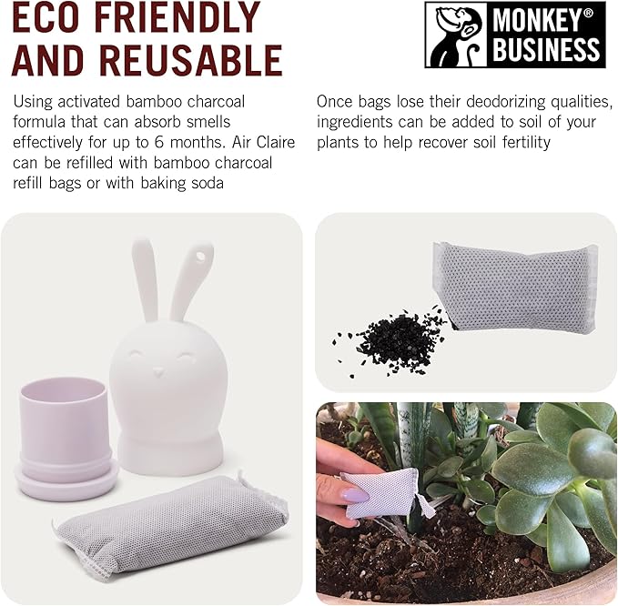 Monkey Business Odor Eliminators, Deodorizers For Cupboards And Small Areas, Activated Charcoal Also Keeps Wardrobes, Lockers, Gym Bags Fresh, Odor Absorber Eco-friendly (Air Claire - White)