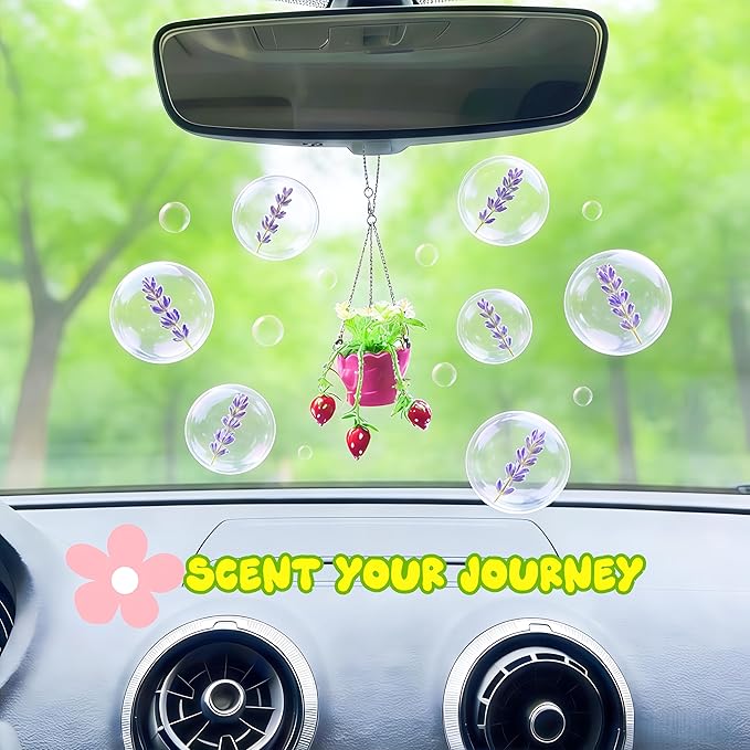 Car Air Freshener Hanging & Vent Clip - Handmade Car Fragrance with Floral Pot Design, Car Scent for Rear View Mirror Accessories, Automotive Air Fresheners That Make Car Smell Good(strawberry)