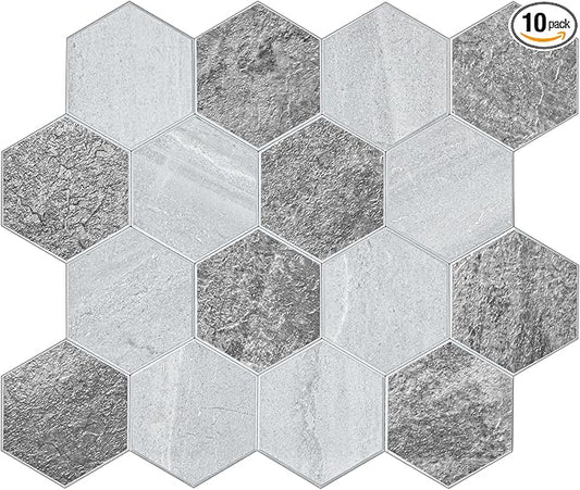 Thickened Hexagon Peel and Stick Tile Backsplash, New Upgrade Mixed Grey Waterproof Stick on Backsplash, Self-Adhesive Marble Tiles for Kitchen,Bathroom and Bedroom，10-Sheet.