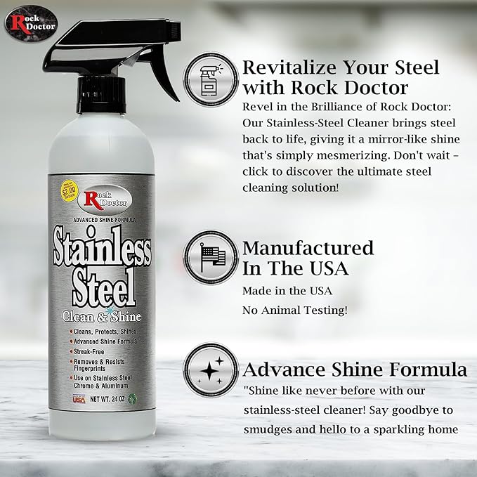 Rock Doctor Stainless Steel Cleaner and Polish, Streak-Free Cleaning Solution for Chrome and Aluminium, Stainless Appliance Cleaner, Stainless Steel Cooktop Cleaner, 24 oz. Spray Bottle, Pack of 1