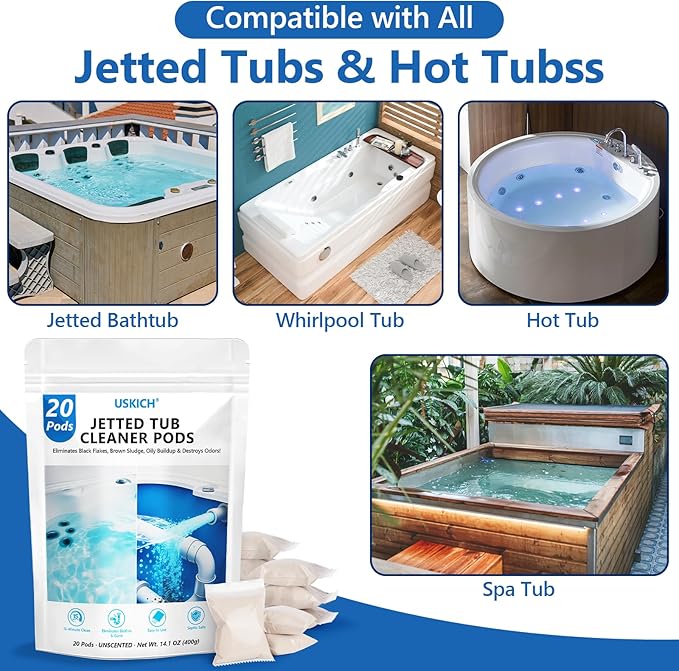 USKICH 20 Pods Jetted Tub Cleaner Bathtub- Jet Bathtub Cleaner,Jetted Tub Cleaning Solution Compatible with Spa Bath & Whirlpool,Septic Safe Bath Jet Scale and Residue Remover