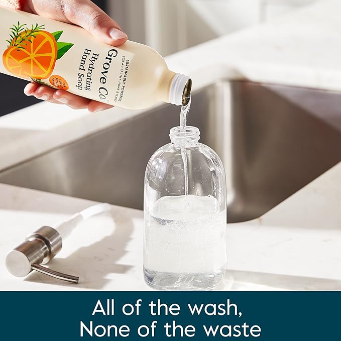 Grove Co. Hydrating Gel Hand Soap Refills (2 x 13 Fl Oz) + 1 x Reusable Glass Soap Dispenser, Plastic-Free & Liquid Refillable Starter Kit, Natural Orange & Rosemary Fragrance