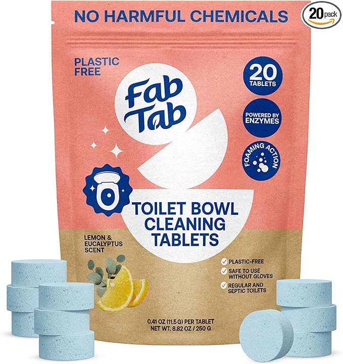 Fab Tab Toilet Bowl Cleaner Tablets, Powerful Stain Removal, No Harsh Chemicals, Plastic-Free, Removes Rust & Stains, Safe for Regular and Septic Tank Toilets, Lemon & Eucalyptus Scent