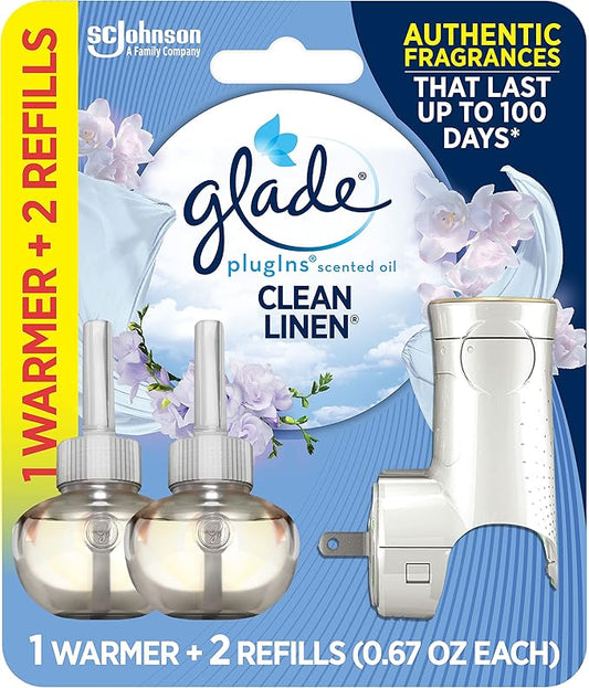 Glade PlugIns Refills Air Freshener Starter Kit, Scented and Essential Oils for Home and Bathroom, Clean Linen, 1.34 Fl Oz, 1 Warmer + 2 Refills