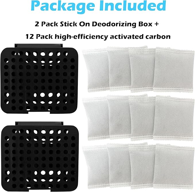 2 Pack Stick On Deodorizing Box, 12 Pack Odor Removing Refills for Trash Can, Activated Charcoal Odor Eliminator for Indoor Kitchen Trash/Diaper Pails/Wardrobe/Shoe Cabinet (Black)