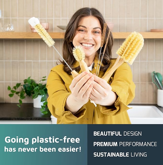 Bottle Brush Set - Ergonomic & Plastic Free Bamboo Bottle Brush, All in One Bottle And Straw Brush Cleaning Set, Sturdy Eco Friendly Water Bottle Cleaner Brush Set, Great Baby Bottle Cleaner Brush Set