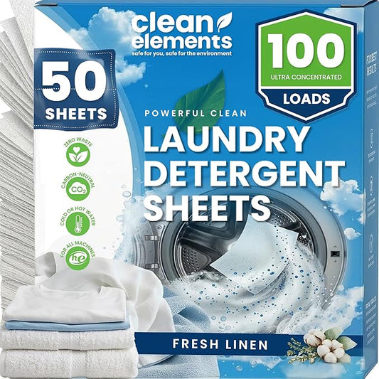 Laundry Detergent Sheets (100 Loads, 50 Sheet) Fresh Linen Scent, Eco Earth Friendly Clean Breeze, Non Toxic People Safe, Washing Travel Supplies, Liquidless Pod Home Soap Washer