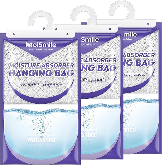 Hanging Moisture Absorbers 3 Pack Net Wt. 17.5oz/Pack, Lavender Fragrance Closet Dehumidifier Bags, Odor Eliminator & Humidity Absorber, Humidity Packs for Bathroom, Bedroom, Basement, Car, RV & Boat