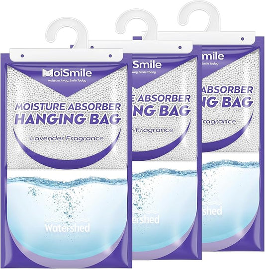 Hanging Moisture Absorbers 3 Pack Net Wt. 17.5oz/Pack, Lavender Fragrance Closet Dehumidifier Bags, Odor Eliminator & Humidity Absorber, Humidity Packs for Bathroom, Bedroom, Basement, Car, RV & Boat
