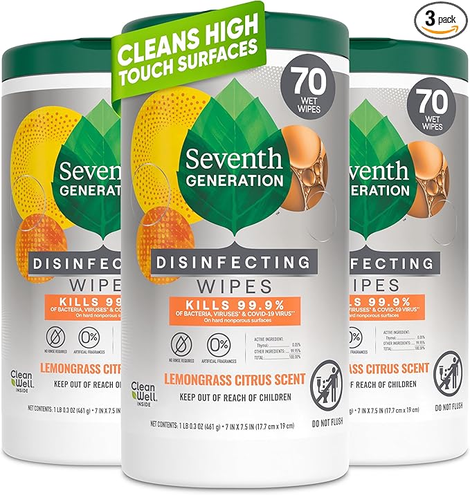 Seventh Generation Disinfecting Multi-Surface Wipes, Lemongrass Citrus, 70 Count, Pack of 3 (Packaging May Vary)