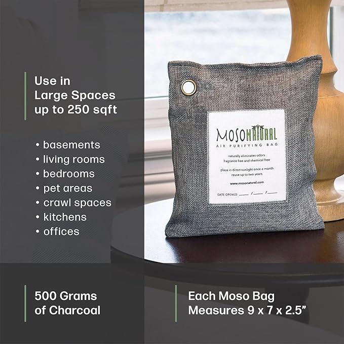 Moso Natural Air Purifying Bag 500g | Premium Bamboo Charcoal Odor Absorber for Home, Bedroom, Kitchen, Basement | Unscented Pet Odor Eliminator | Large Room Charcoal Deodorizer Bag Covers 250sqft