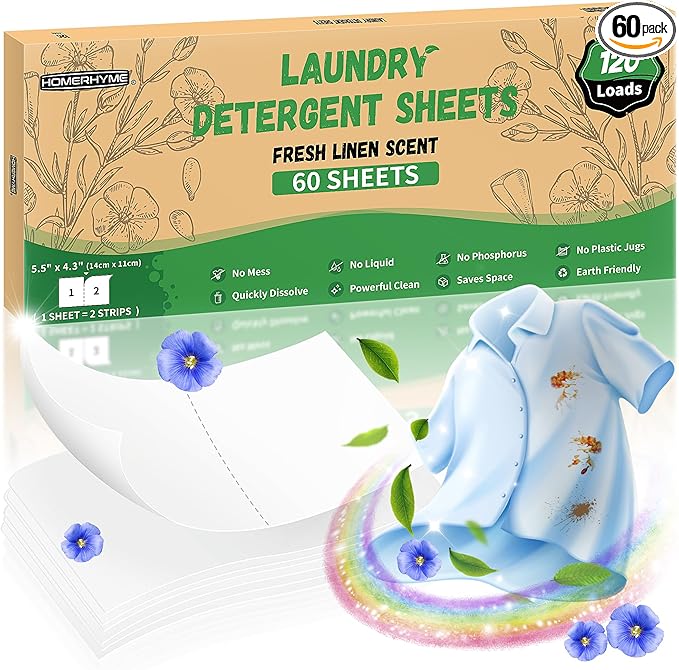 HOMERHYME Laundry Detergent Sheets - Fresh Linen 120 Loads Laundry Sheets Detergent, Bulk Travel Laundry Detergent Eco Friendly & Hypoallergenic Natural Detergent Sheets Strips Laundry Soap Sheets