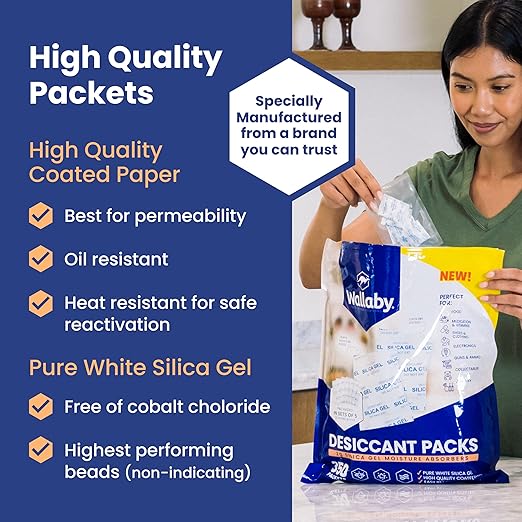 Wallaby 2g Silica Gel Desiccant Packs – 350 Packets (Food Safe, Rechargeable)