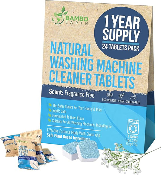 Natural Heavy Duty Washing Machine Cleaner Tablets - Plant Based & Eco Friendly Alternative Refill Laundry Tub Cleaning Tabs For Top Load or Front Loader - 24 Pack Pods For Clean & Fresh Washer