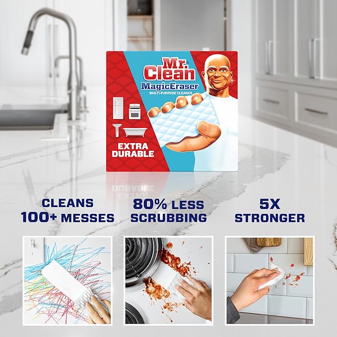 Mr. Clean Magic Eraser Sponge, All Purpose Cleaner, Cleaning Scrubber, Wall Cleaner, Sneaker Cleaner, Kitchen, Bathroom, Shower Cleaning Supplies, Melamine Sponge, Cleaning Pads, Extra Durable, 4ct